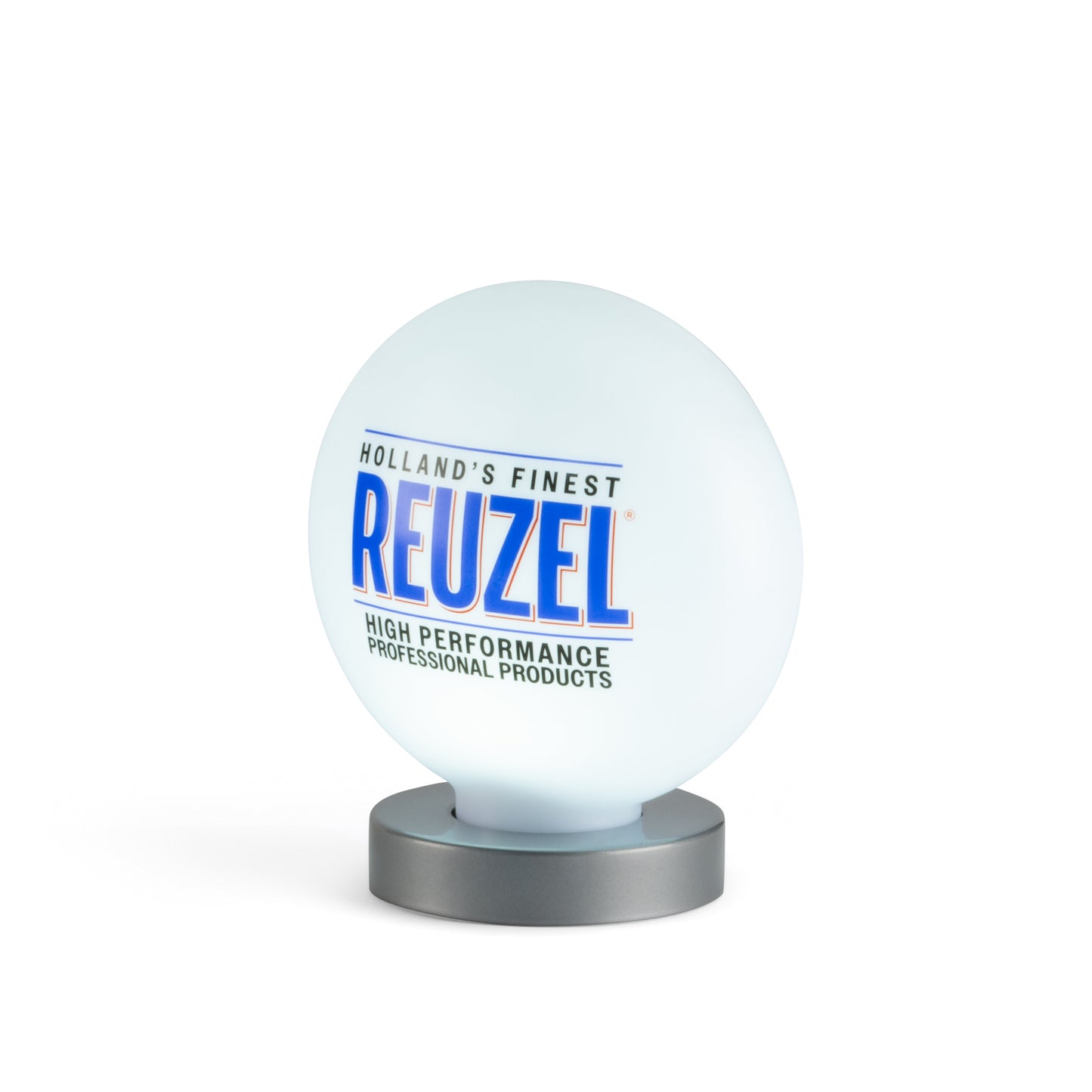 A Reuzel branded illuminated globe lamp on a metallic base, photographed against a clean white background.
