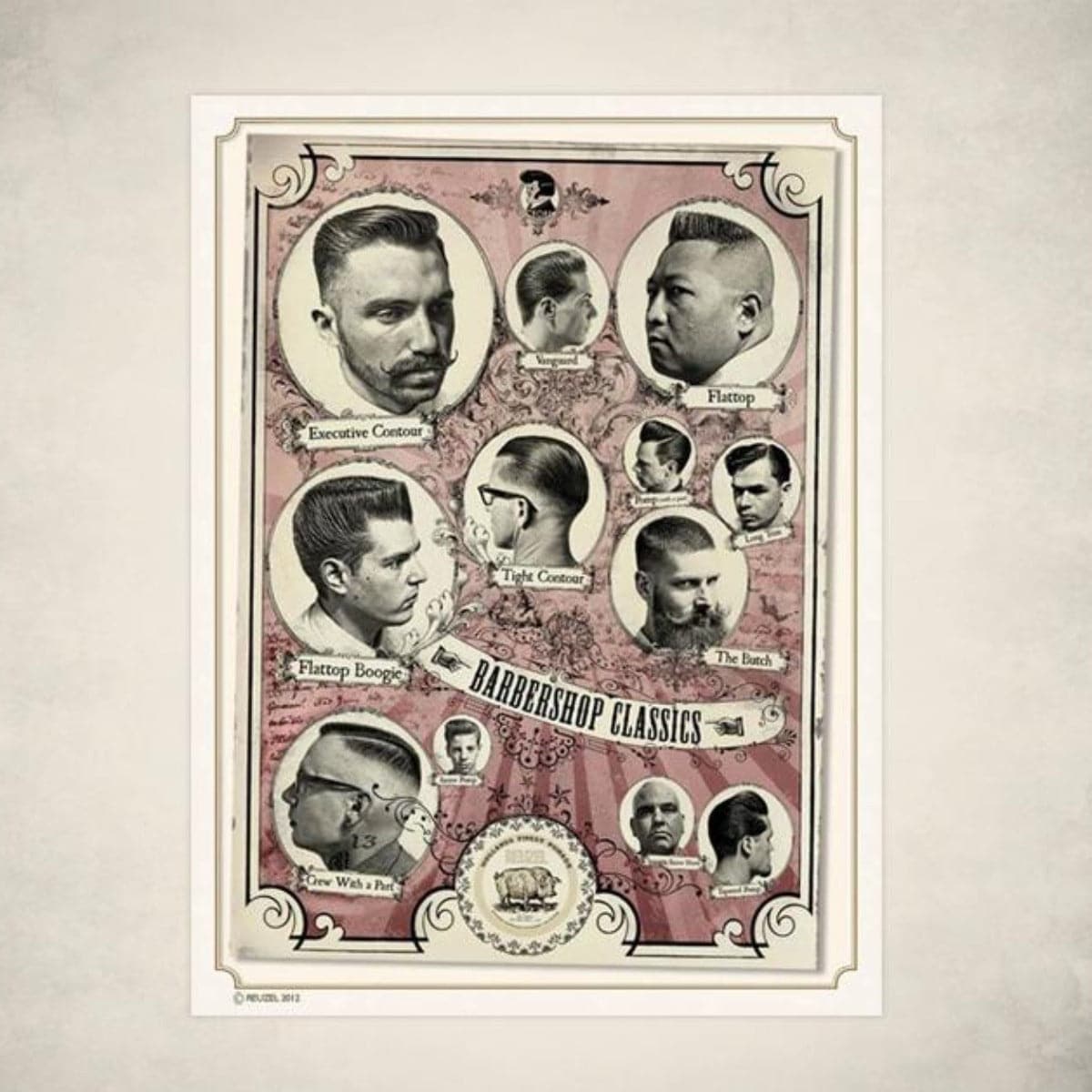 Reuzel Deutschland barbershop classics poster featuring vintage grooming and barbering designs in vibrant colors.