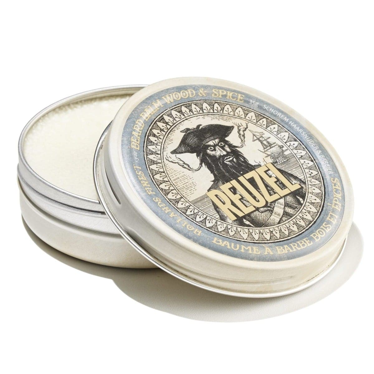 Reuzel Deutschland Wood & Spice Beard Balm in a jar, showing the natural beard grooming product with a wooden and spice scent.