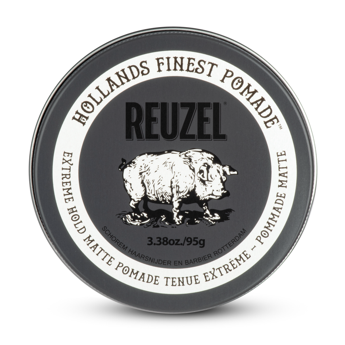 Reuzel Deutschland Extreme Hold Matte Pomade jar with black label and product name, showcasing the styling product and packaging.