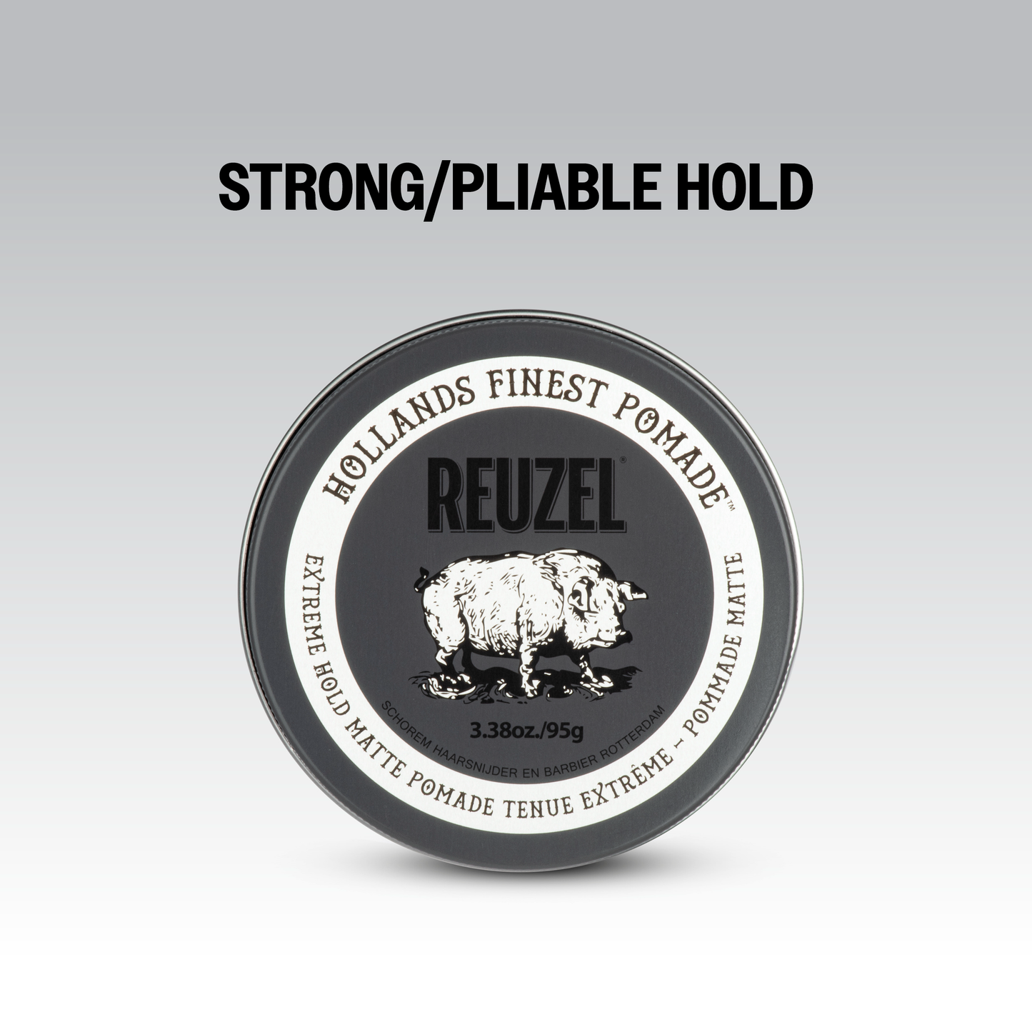 Reuzel Deutschland Extreme Hold Matte Pomade jar with black lid and label, showcasing the product's packaging and matte finish.