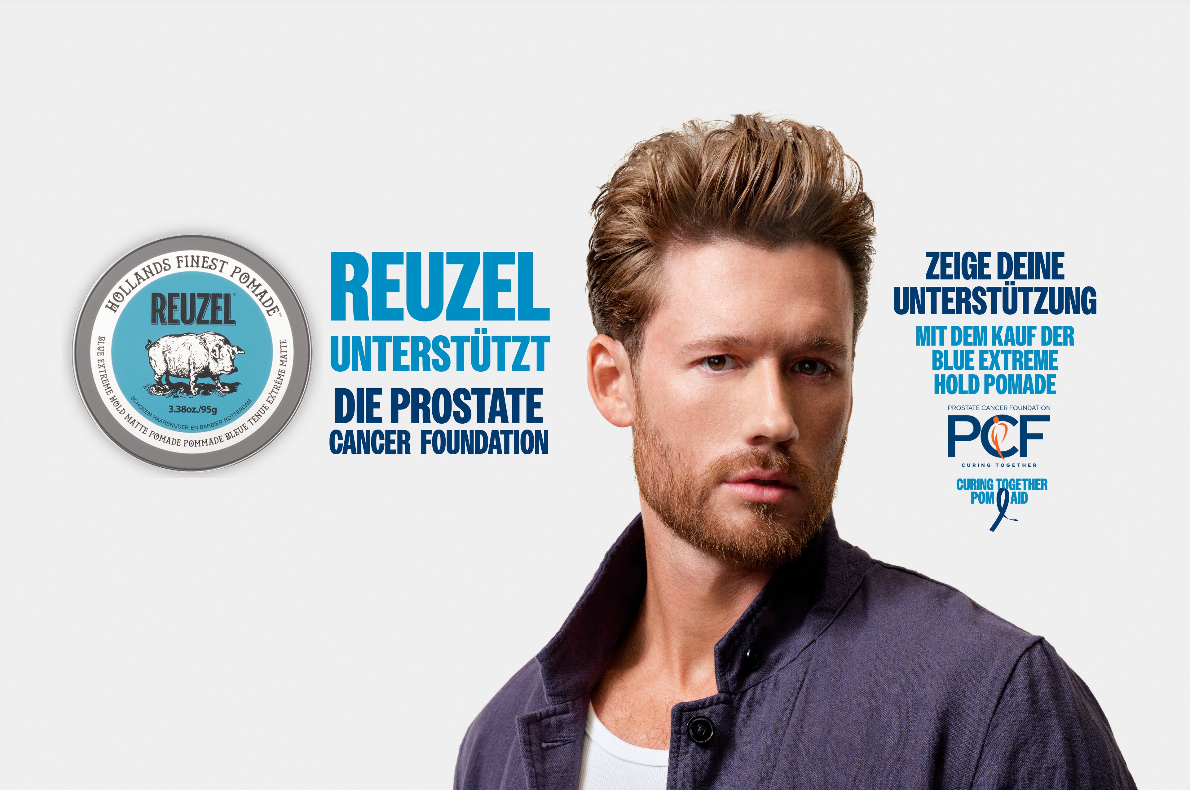 Man with Reuzel logo and Prostate Cancer Foundation text on a light gray background
