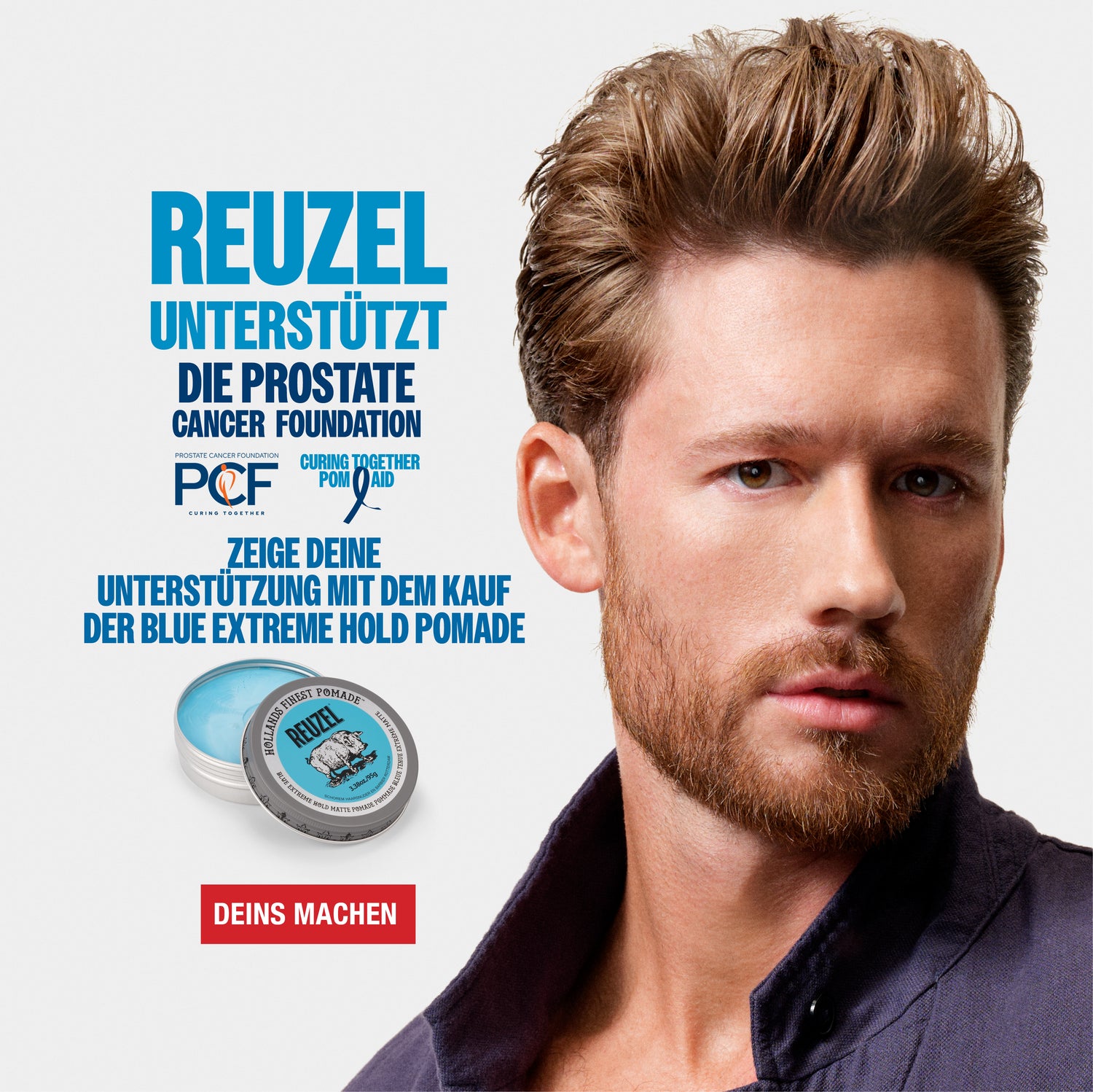 Man with Reuzel logo and Prostate Cancer Foundation text on a light gray background