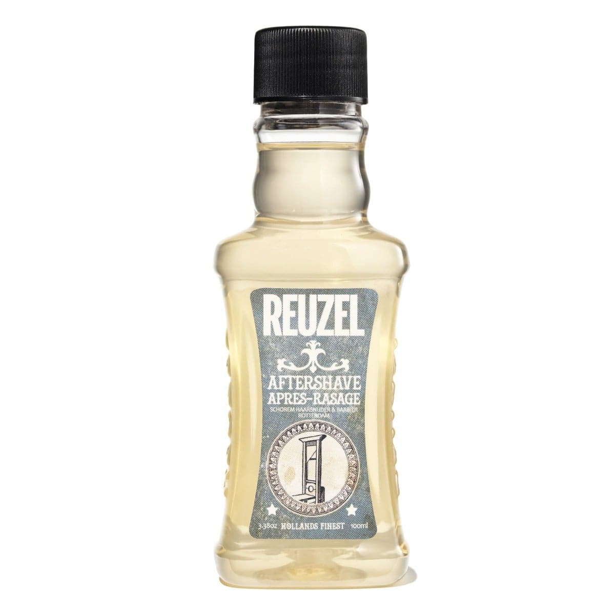 A bottle of Reuzel aftershave with a label that includes the brand name and product type.
