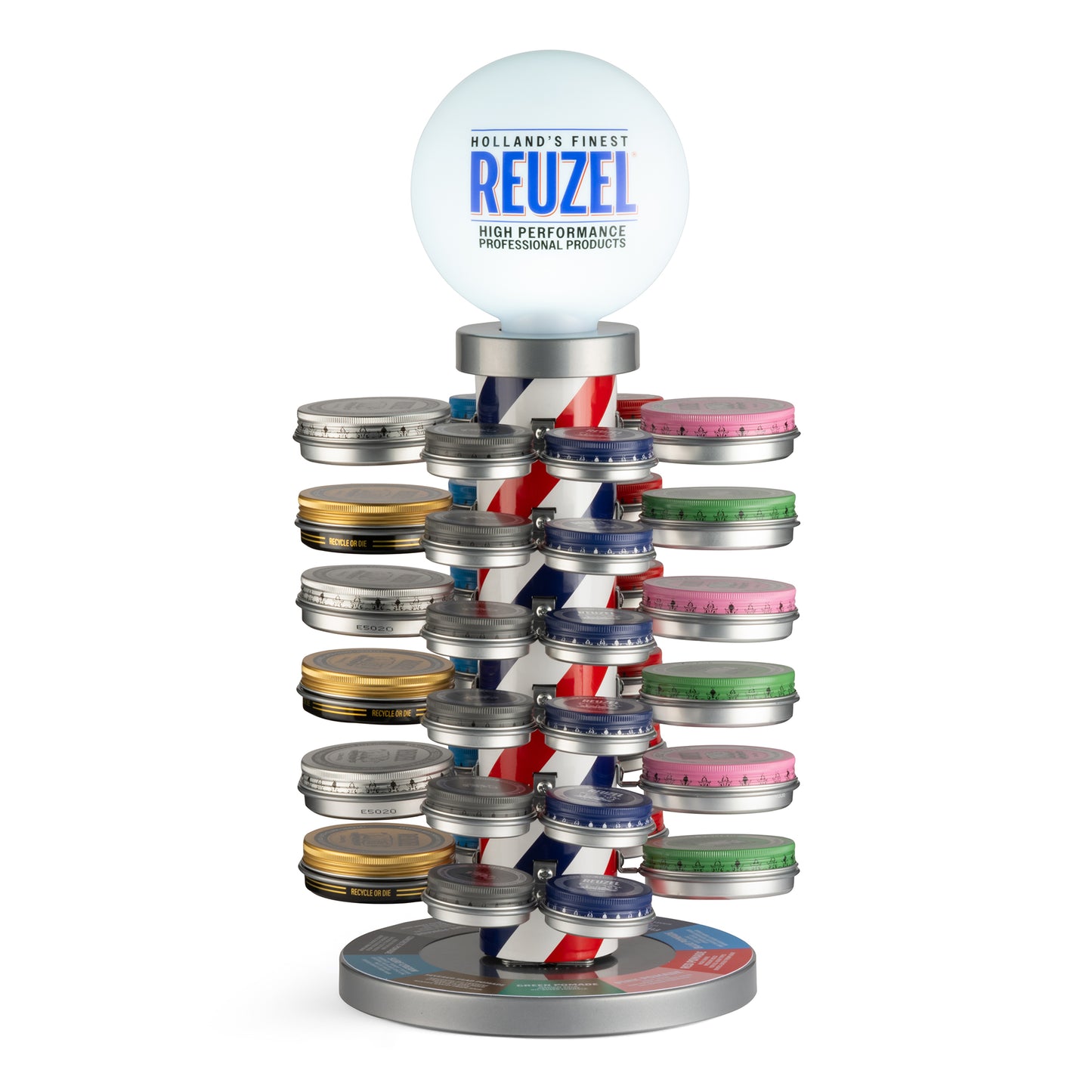 Reuzel Barber Pole 2.0 rotating pomade display with illuminated LED Reuzel globe and red, white and blue pole, filled with 35 g and 95 g pomade tins
