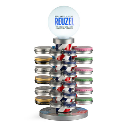 Reuzel Barber Pole 2.0 rotating pomade display with illuminated LED Reuzel globe and red, white and blue pole, filled with 35 g and 95 g pomade tins