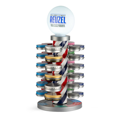 Reuzel Barber Pole 2.0 rotating pomade display with illuminated LED Reuzel globe and red, white and blue pole, filled with 35 g and 95 g pomade tins