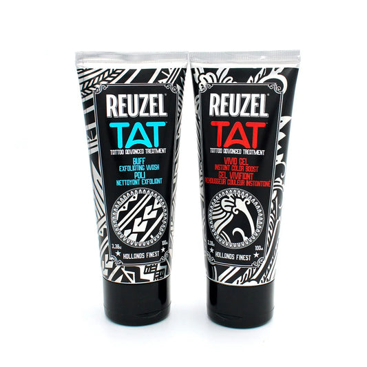 Two tubes of Reuzel Tat Tattoo Advanced Treatment on a white background