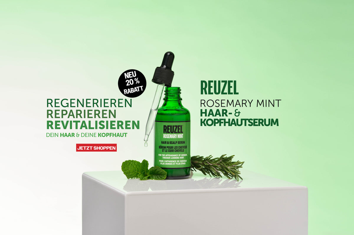 A green dropper bottle of REUZEL Rosemary Mint Hair & Scalp Serum displayed on a white pedestal with mint leaves and rosemary sprigs against a light green gradient background with German promotional text.