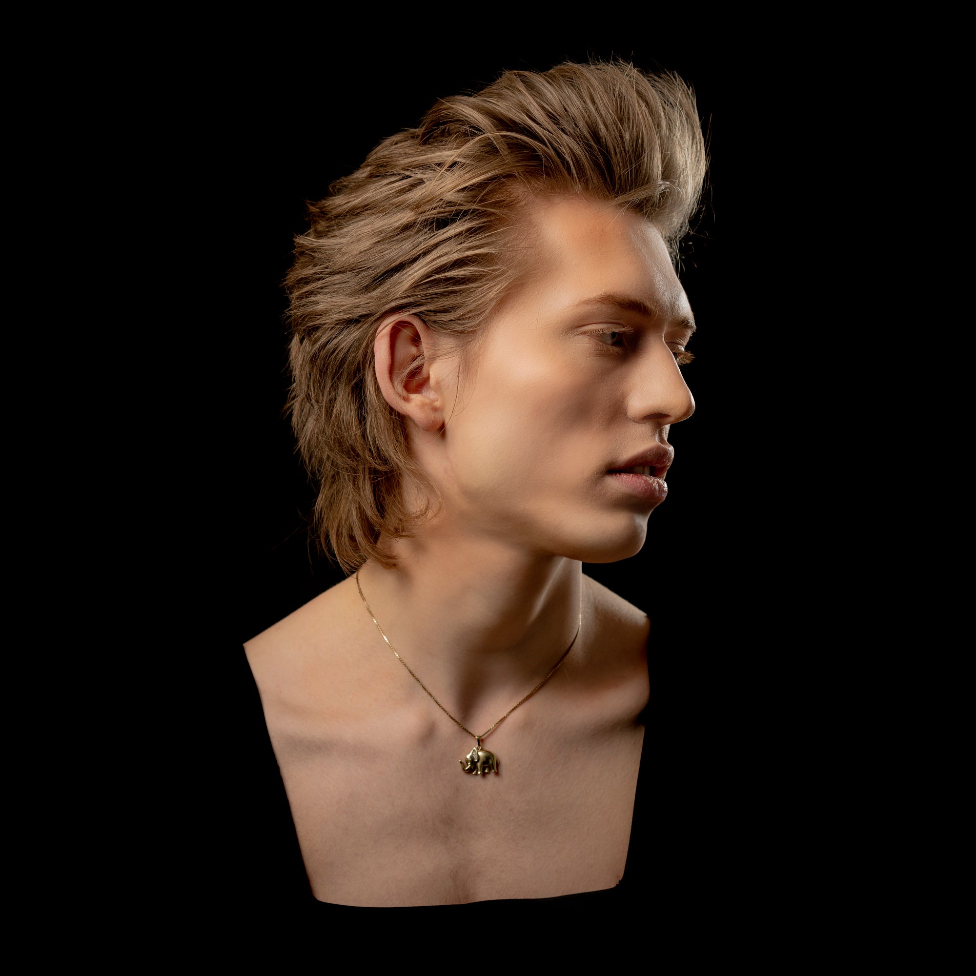 A man's bust in profile wearing a delicate gold chain necklace with a small elephant pendant, set against a solid black background. Textured Pompadour Hairstyle, styled with Severed Head Pomade by Liquid Death and Reuzel