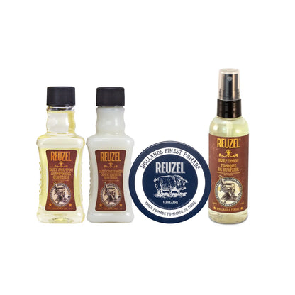 Three bottles of Reuzel hair products with a tin of Reuzel Fiber pomade in the center on a white background.