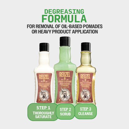 Three Reuzel degreasing formula bottles shown on a light gray background with green text reading 'DEGREASING FORMULA' and step labels below each bottle.