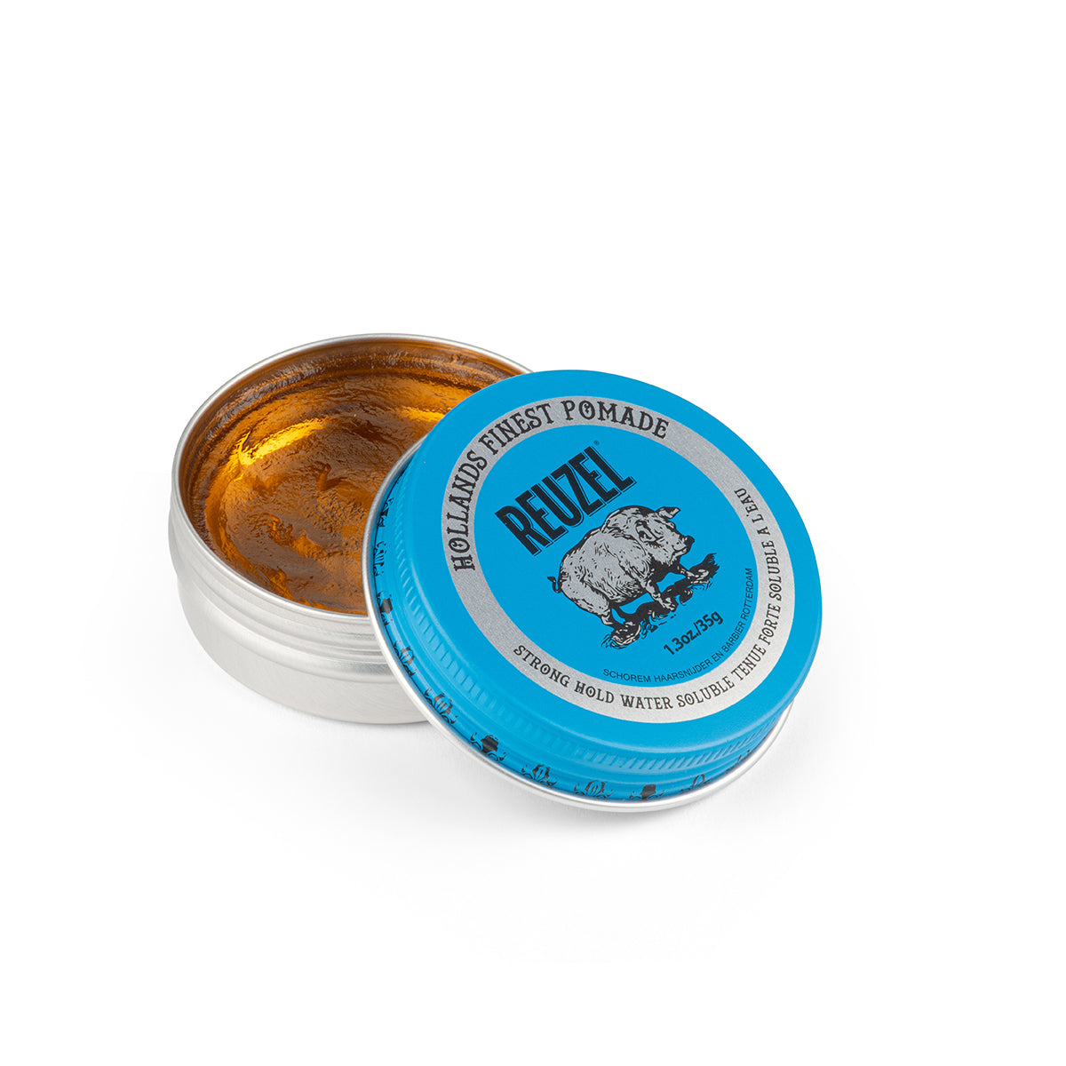 Reuzel Blue pomade tin with blue lid on a white background