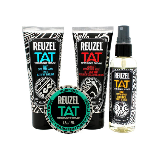 Reuzel Tat tattoo care products including a spray bottle, balm and gel on a white background.