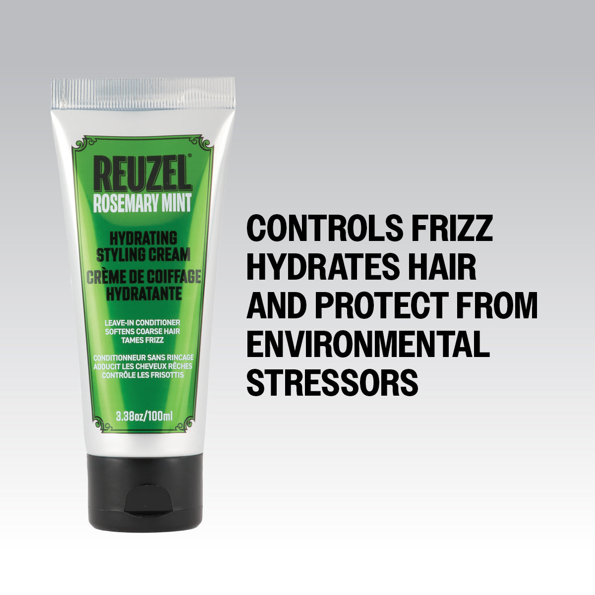 Green tube of Reuzel Rosemary Mint Hydrating Styling Cream on a gray background with text about product benefits.