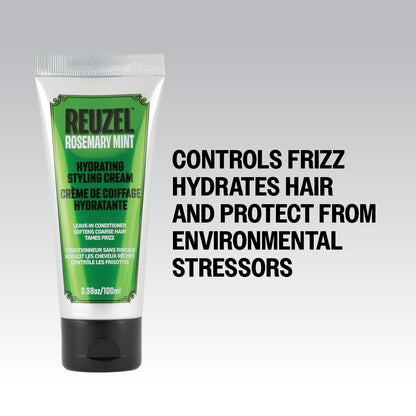 Green tube of Reuzel Rosemary Mint Hydrating Styling Cream on a gray background with text about product benefits.