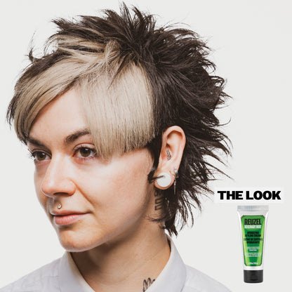 Person with styled hair and a tube of Reuzel Hydrating Styling Cream on a white background
