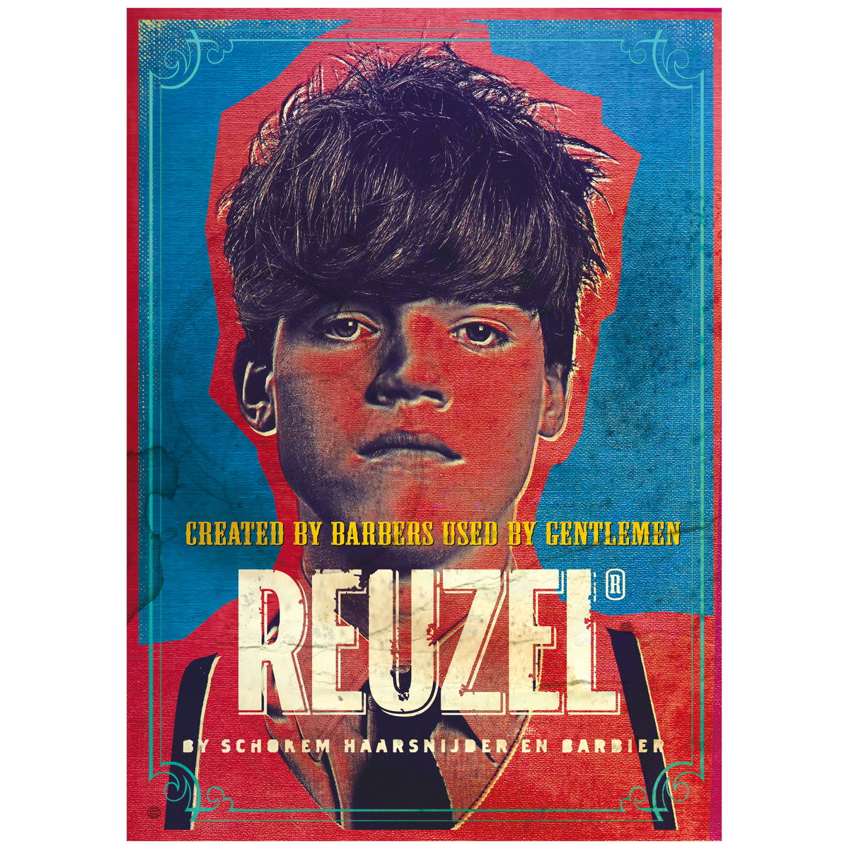A stylized poster-like product image featuring a portrait of a young man with dark hair against a blue and red background, with large text reading 'REUZEL' and smaller text 'CREATED BY BARBERS USED BY GENTLEMEN' and 'BY SCHREM HAARSNIJDER EN BARRIER'.