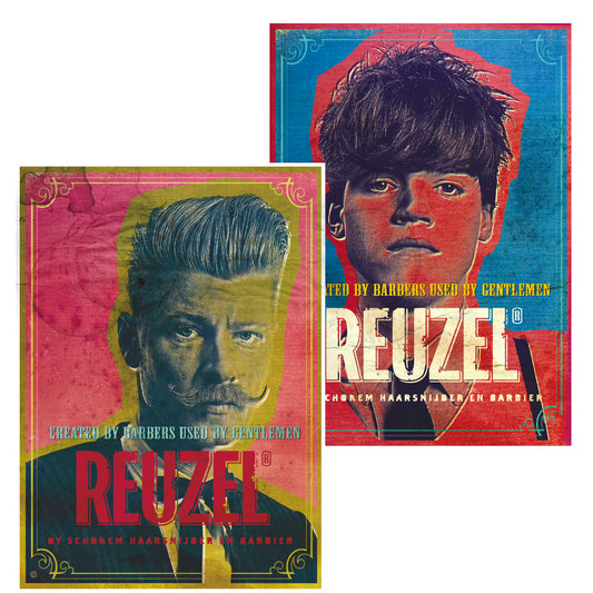 Two vintage-style poster prints featuring stylized portraits of a man with the word 'REUZEL' in large text, shown on a plain white background.