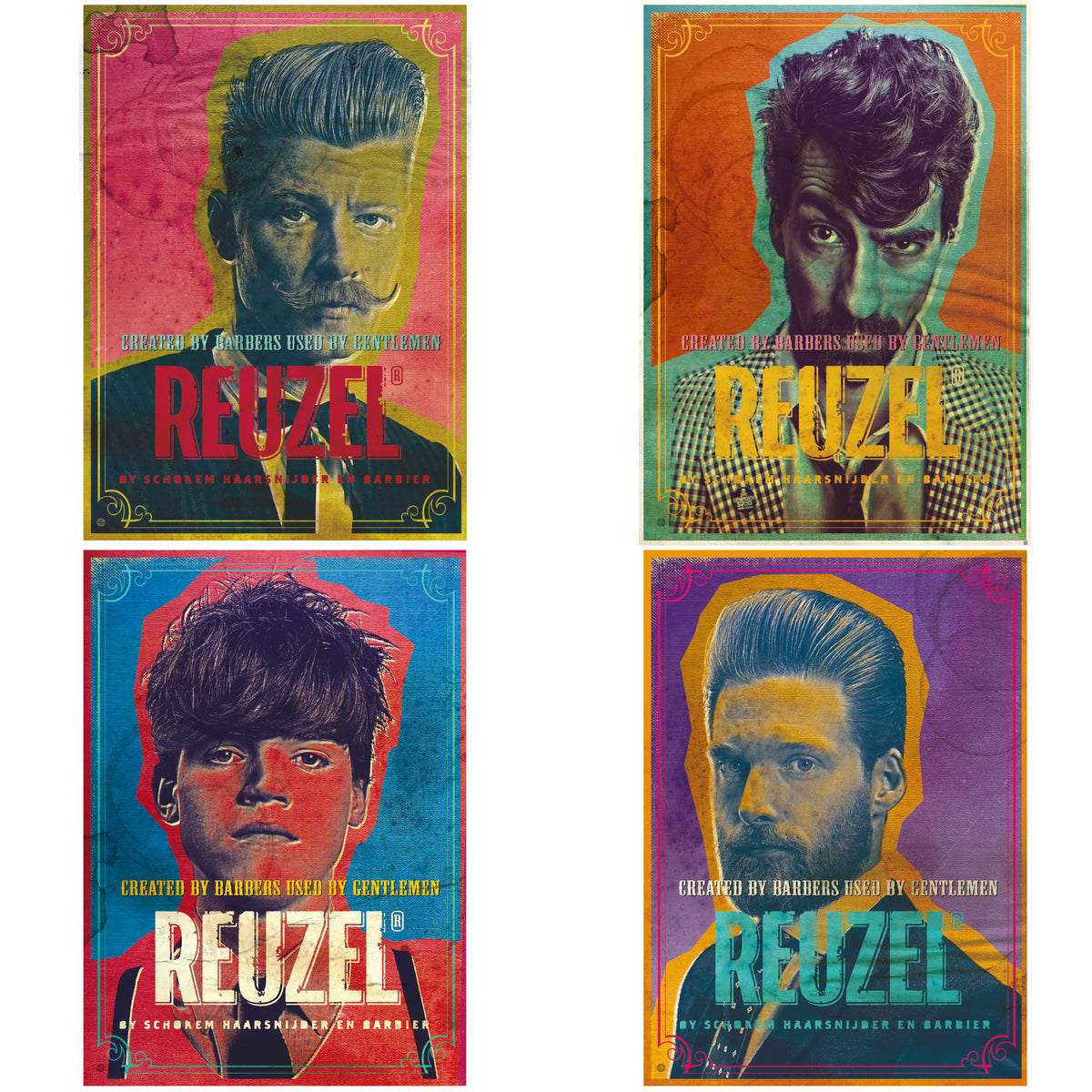 Four colorful poster-style portraits of Reuzel arranged in a 2x2 grid, each with a different vibrant background color and stylized text reading REUZEL.