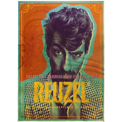 A stylized poster or print featuring a close-up portrait of a man with dark hair and a beard, overlaid with large yellow text reading 'REUZEL' and smaller decorative text. The artwork uses a vintage illustrated look with orange, teal, green, and yellow tones, and the poster is shown against a plain white background.