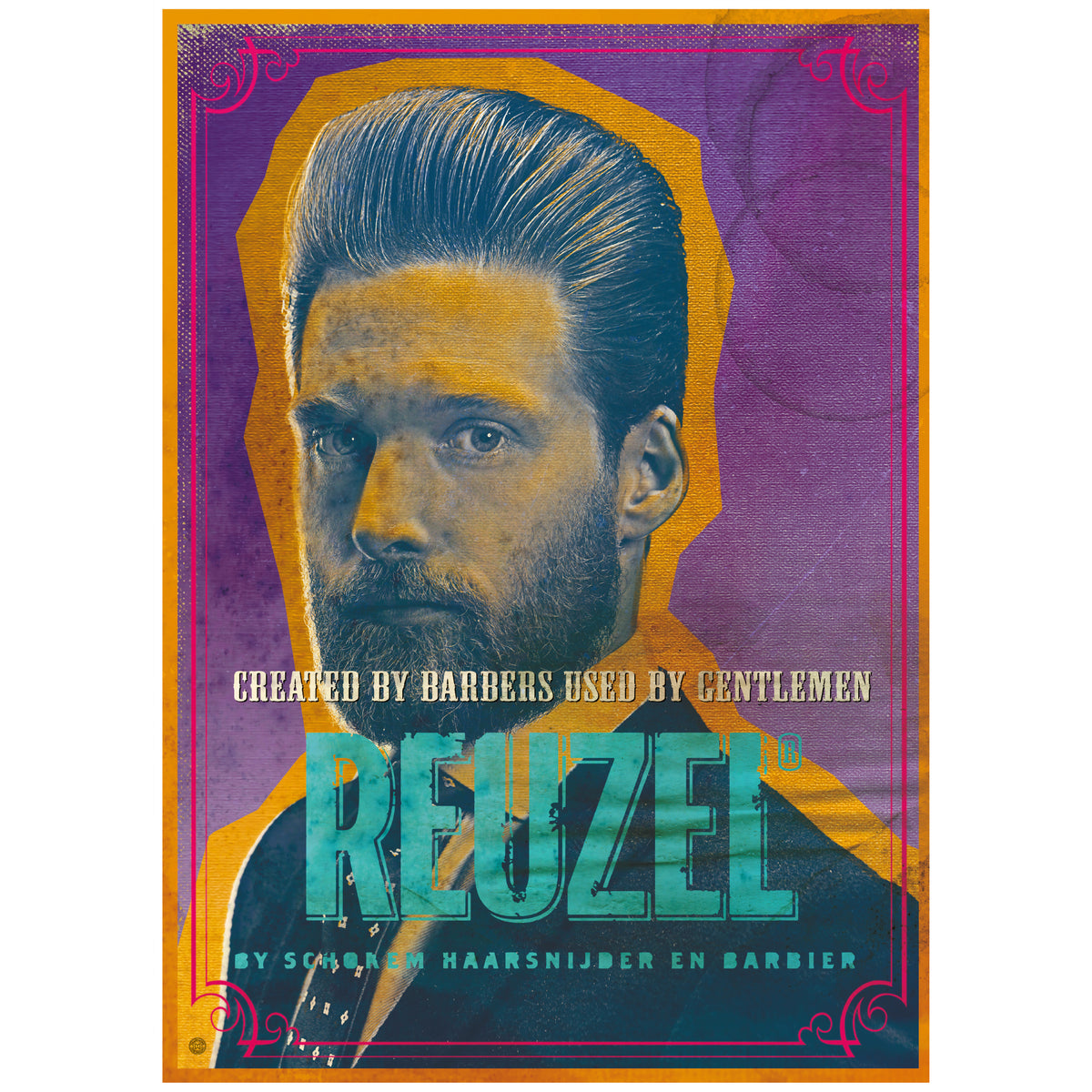A stylized poster-like product image featuring a portrait of a man with a neat slicked hairstyle and beard, with large teal text reading 'REUZEL' and smaller text 'Created by barbers used by gentlemen' and 'by Sebastian Haarsnijder en Barbier.' The design uses purple, orange, yellow, and teal tones on a square background.