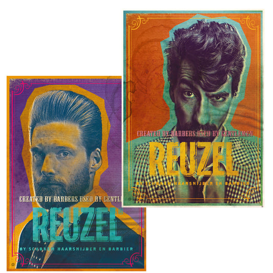 Two stylized poster-like portraits of a man labeled REUZEL, one in purple/orange tones and one in orange/teal tones, shown on a white background.