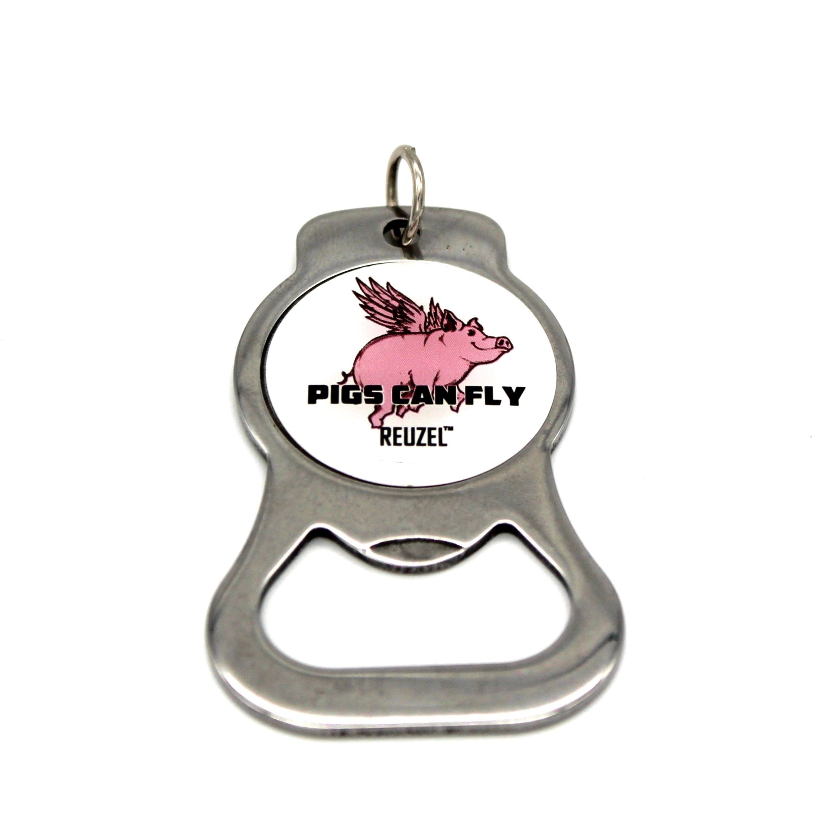 Reuzel keychain from featuring a pink pig with wings, text 