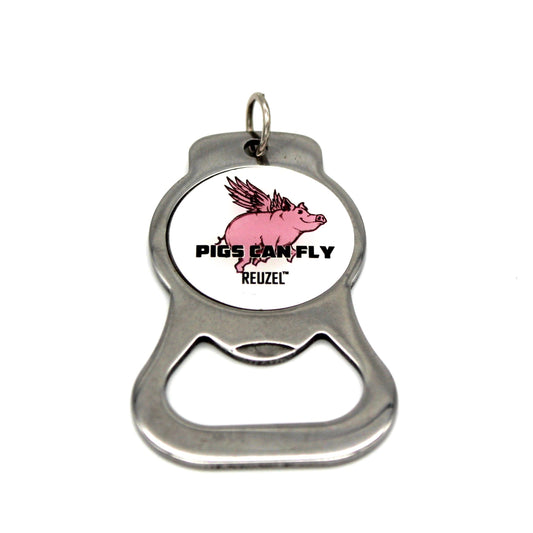 Reuzel keychain from featuring a pink pig with wings, text "PIGS CAN FLY" and REUZEL.
