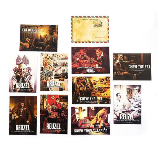 Collection of Reuzel Chew the Fat Postcards on a white background