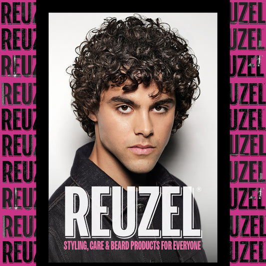 Reuzel Brand Brochure with a man with voluminous dark curly hair and a clean shave is shown in a studio portrait on the cover. With the large Reuzel logo and the text 'Styling, Care & Beard Products for Everyone' across the lower portion.