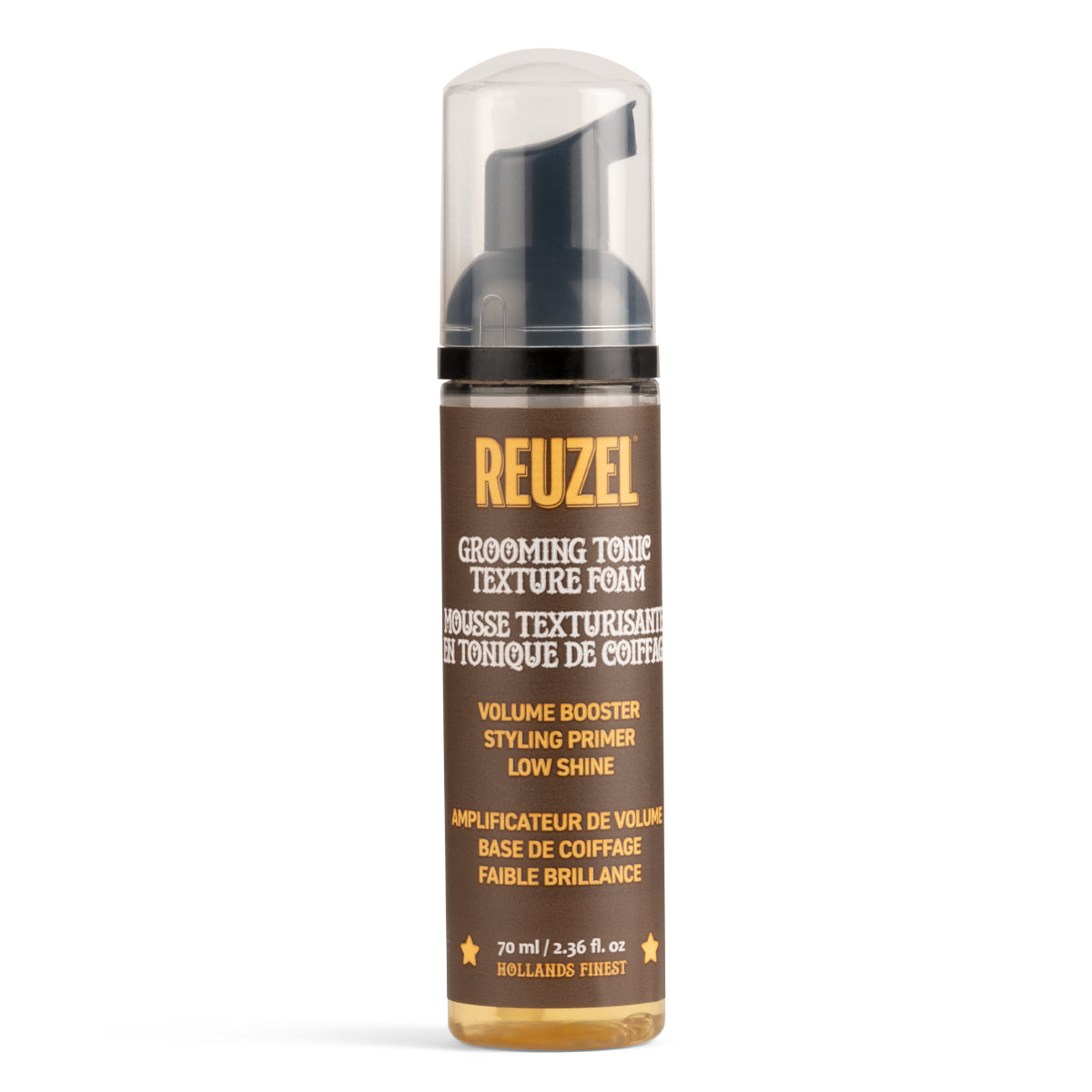 Reuzel Deutschland Grooming Tonic Texture Foam for hair styling, showing a foamy hair product in a clear container.