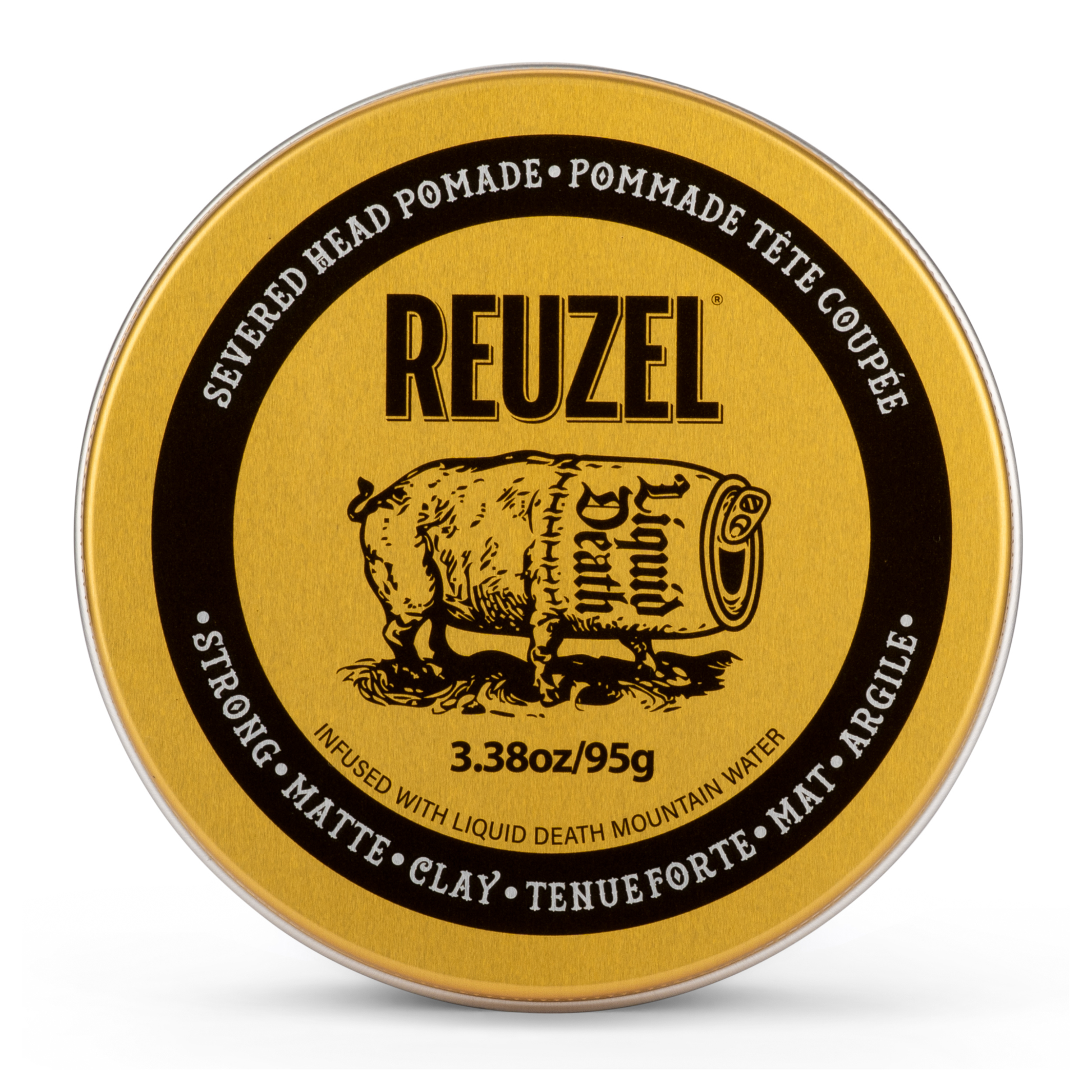 Reuzel Severed Head Pomade tin with gold lid and black label on a white background