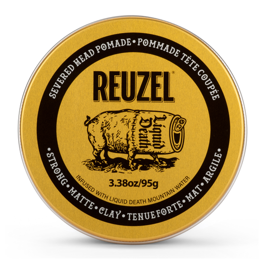Reuzel Severed Head Pomade tin with gold lid and black label on a white background