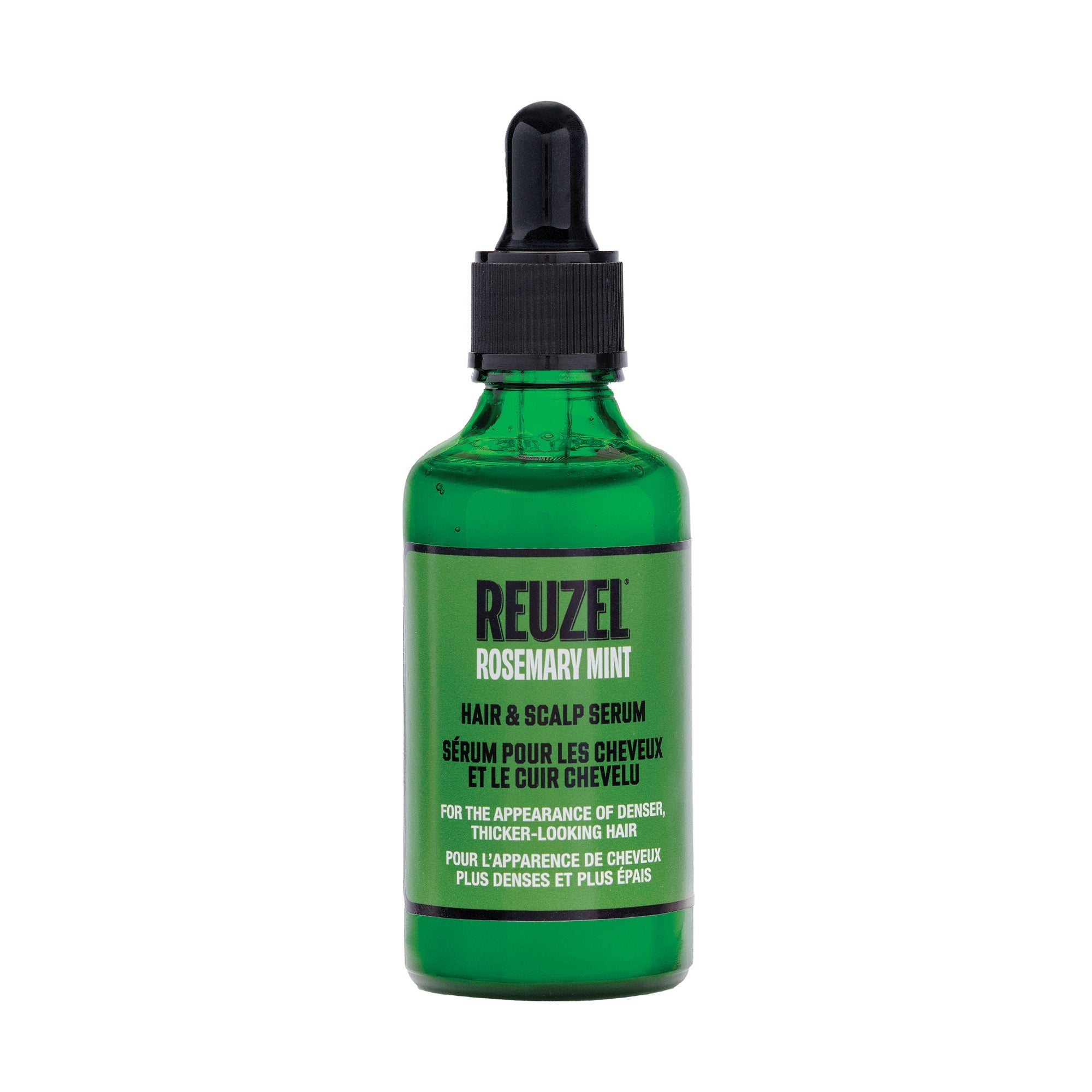 A green glass dropper bottle of Reuzel Rosemary Mint Hair & Scalp Serum on a plain white background.