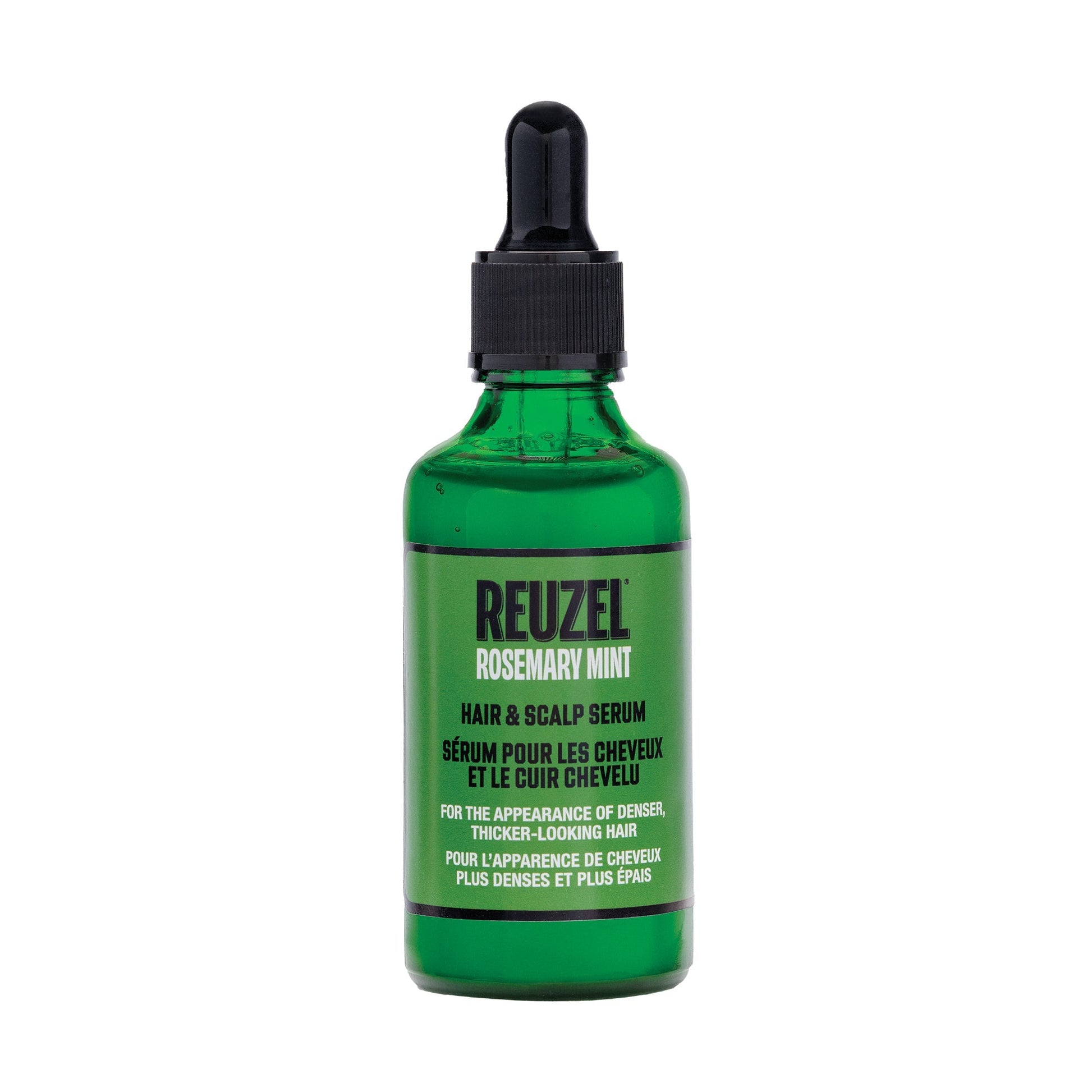 A green glass dropper bottle of Reuzel Rosemary Mint Hair & Scalp Serum on a plain white background.