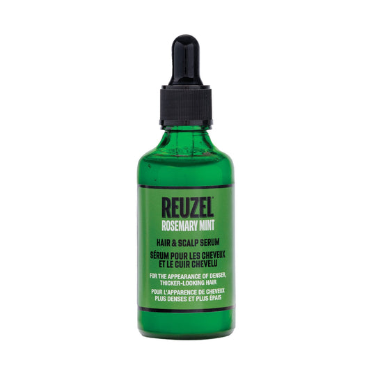 A green glass dropper bottle of Reuzel Rosemary Mint Hair & Scalp Serum on a plain white background.