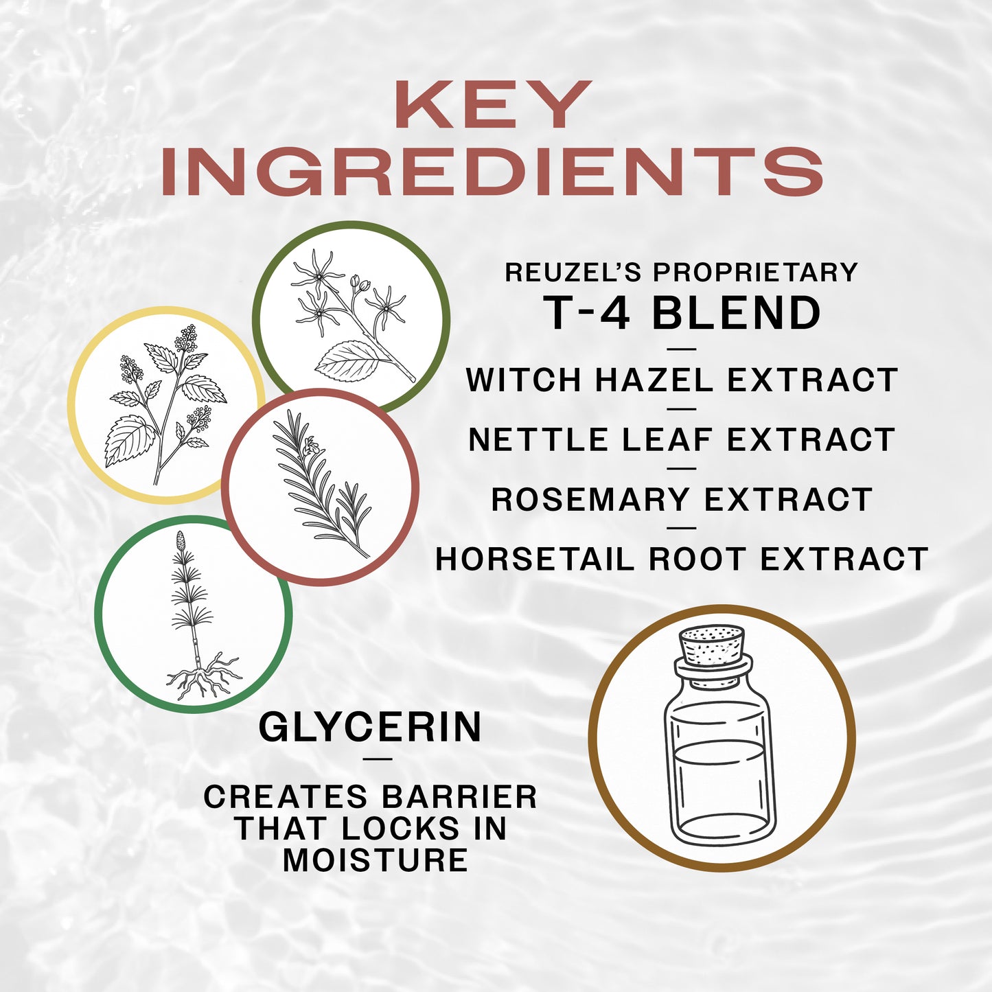 Diagram of key ingredients of Reuzel Aftershave with illustrations and text on a textured background