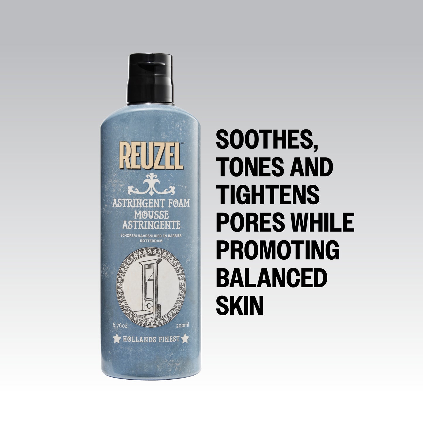 Reuzel astringent foam bottle on a gray background with text about skin benefits.