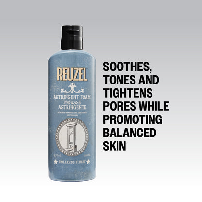 Reuzel astringent foam bottle on a gray background with text about skin benefits.