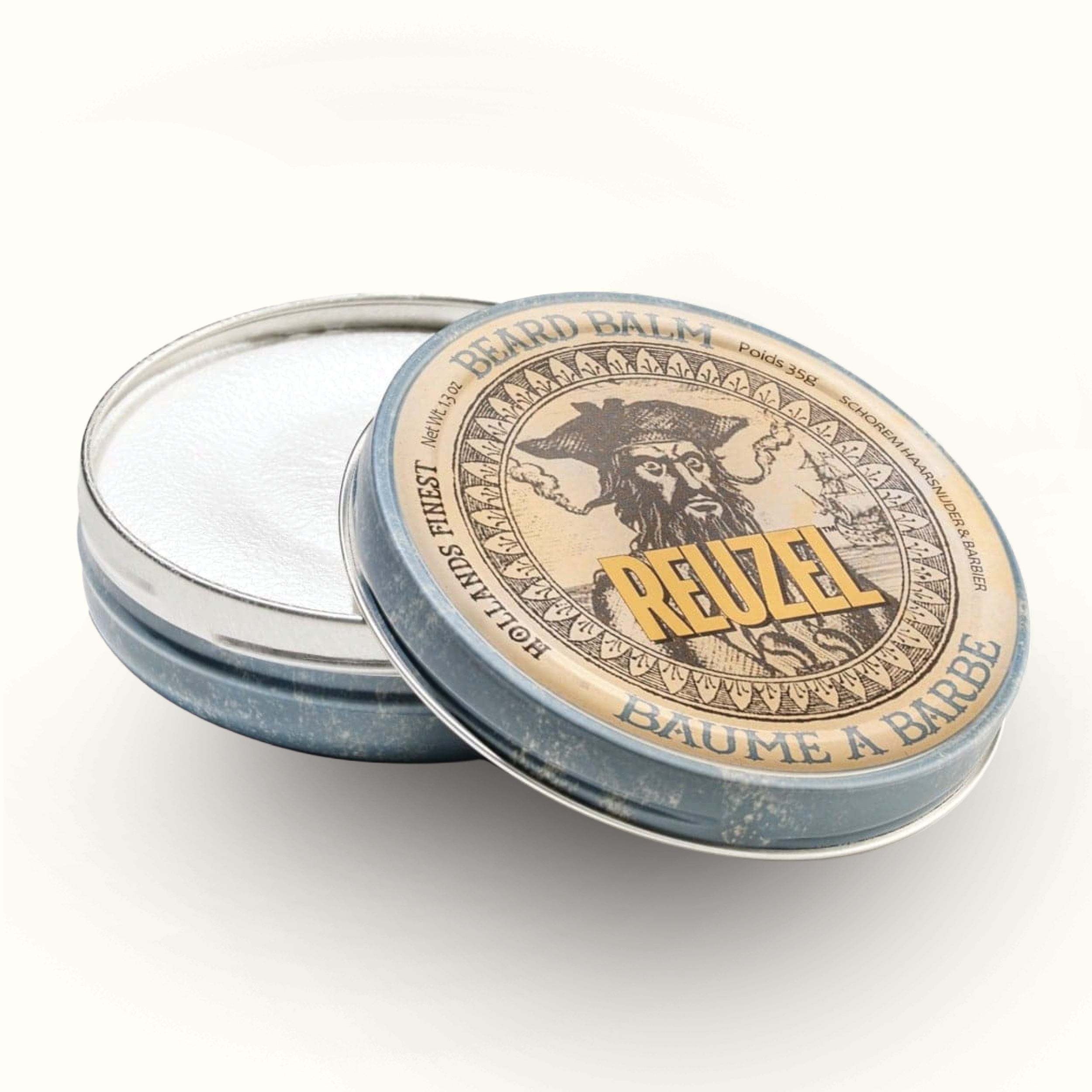 REUZEL beard balm container with decorative lid on a white background