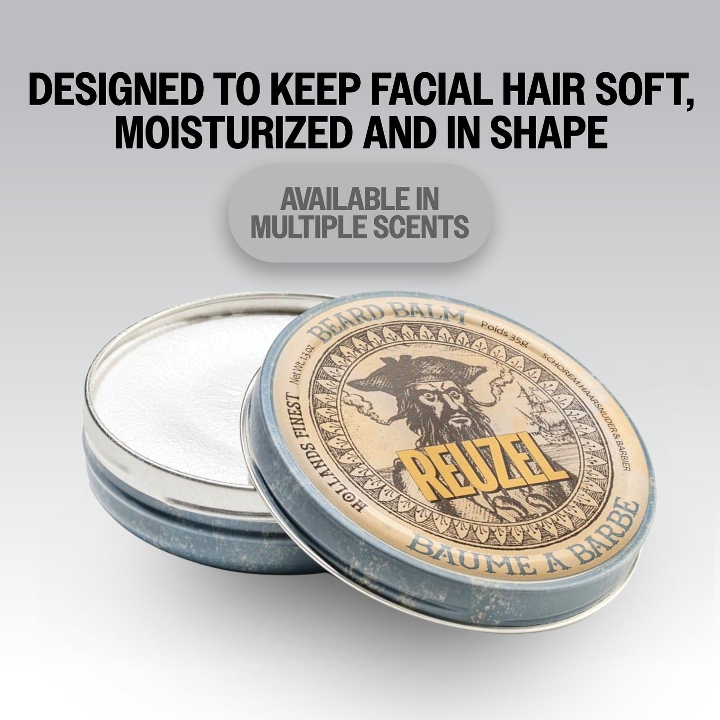 Reuzel beard balm container with branding and product description on a gray background
