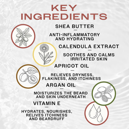 List of key ingredients of Reuzel Beard Oil with icons and descriptions on a textured white background