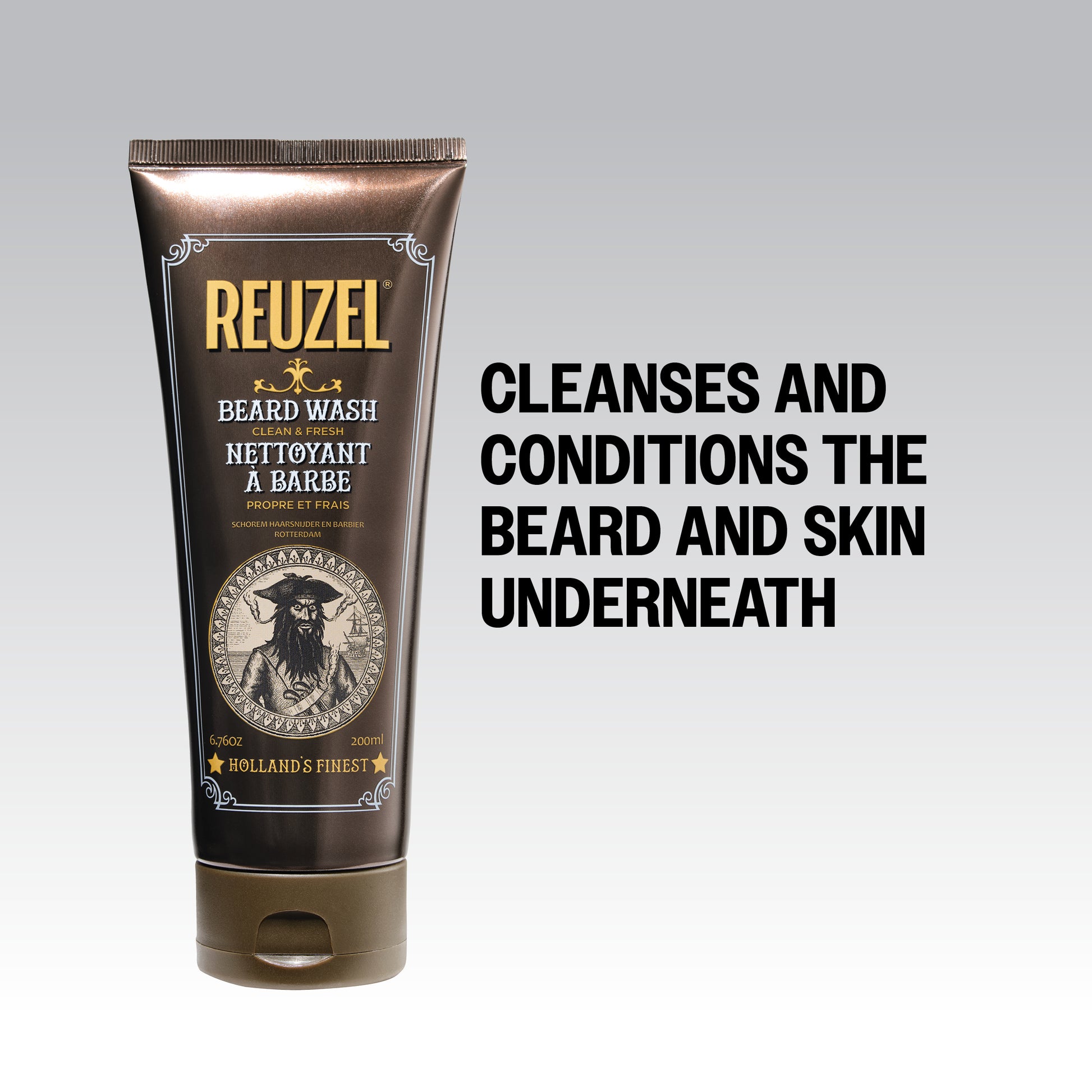 Reuzel Deutschland Clean & Fresh Beard Wash in a clear bottle with a pump, showing the product label and branding.