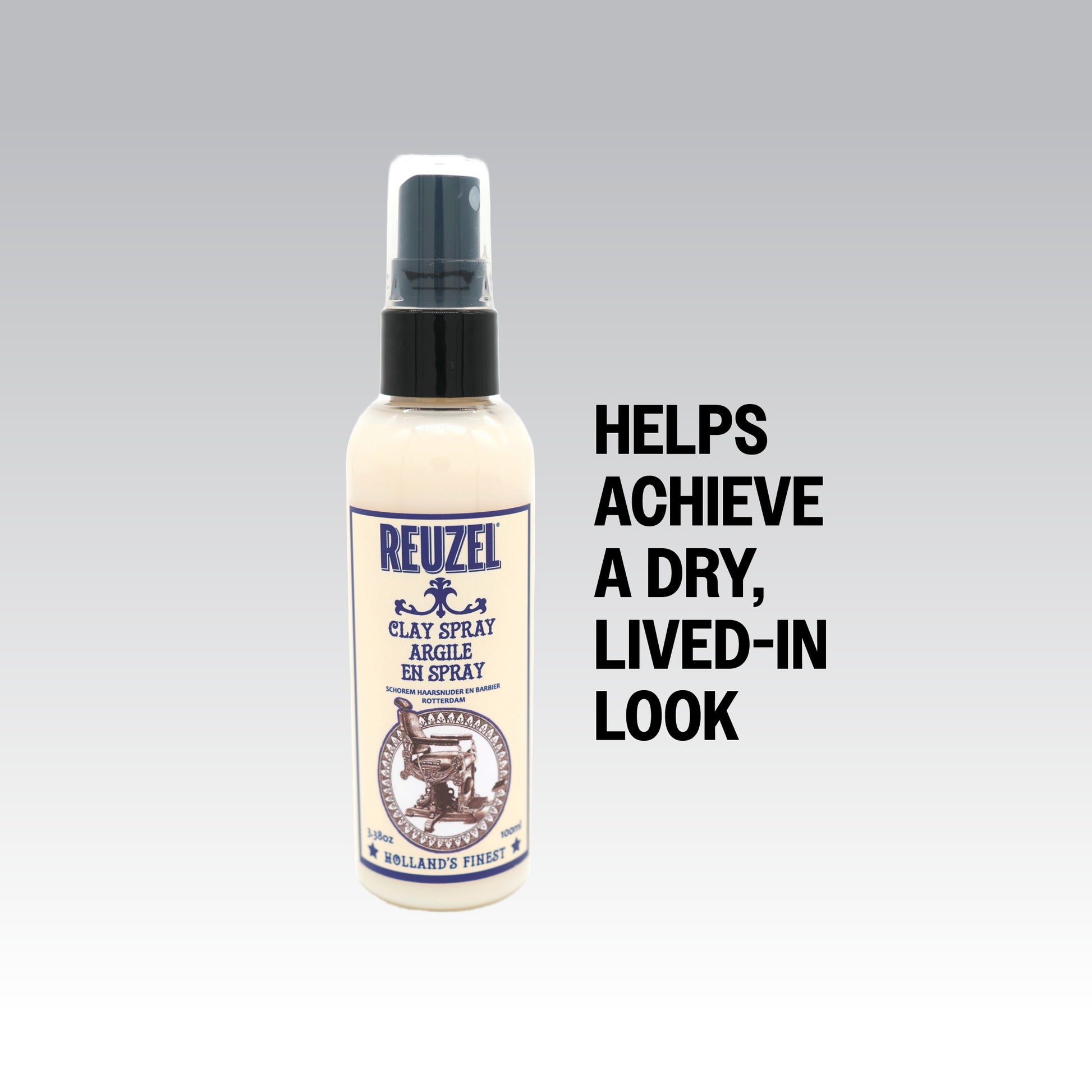 Reuzel clay spray bottle on a gray background with text about achieving a dry, lived-in look.