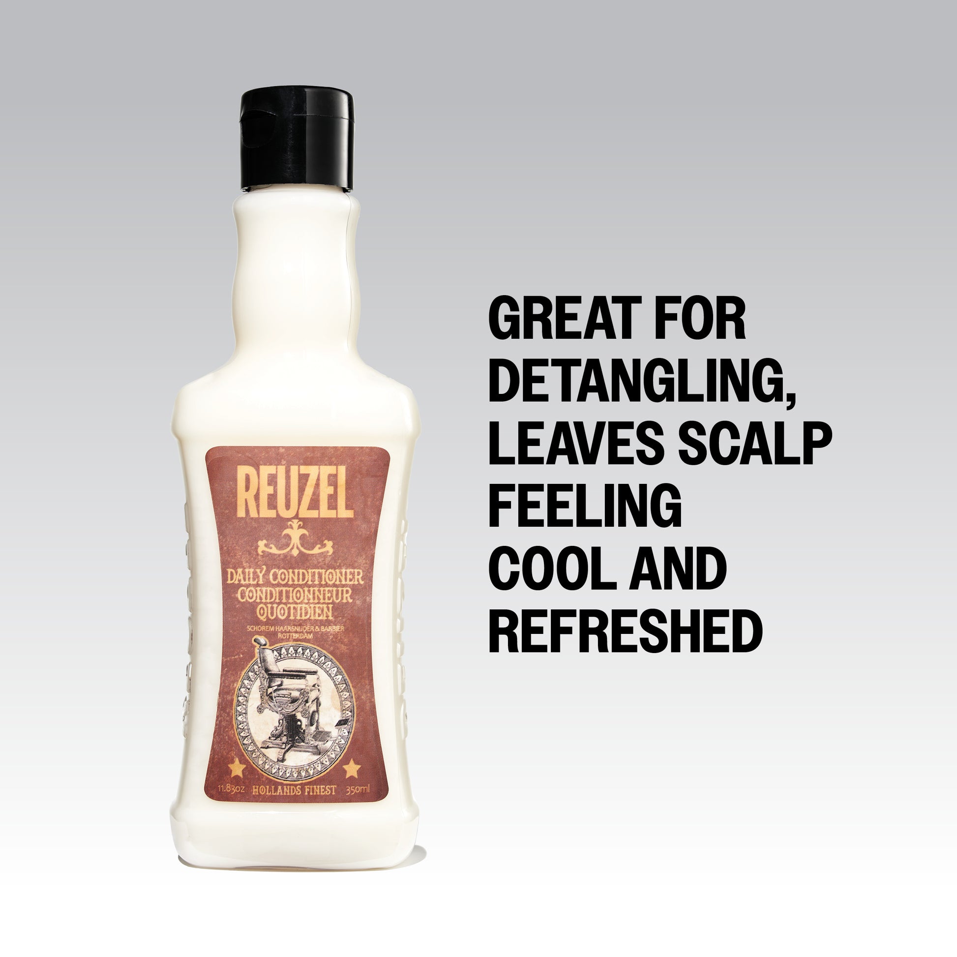 Reuzel daily conditioner bottle with text on a gray background