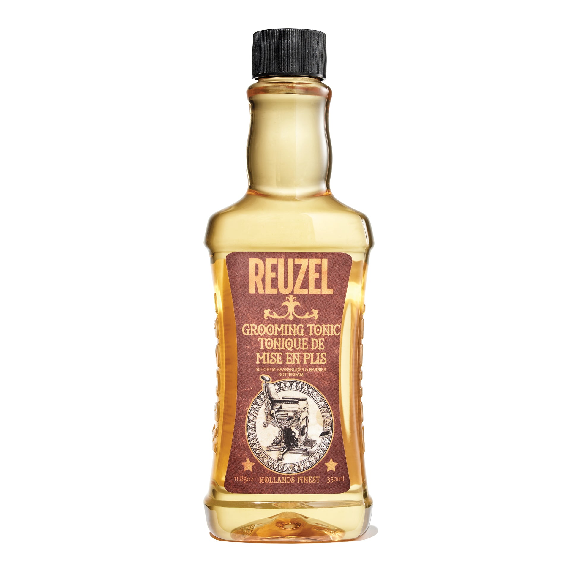 A bottle of Reuzel Grooming Tonic with a label featuring a vintage style design, predominantly in gold and white colors.