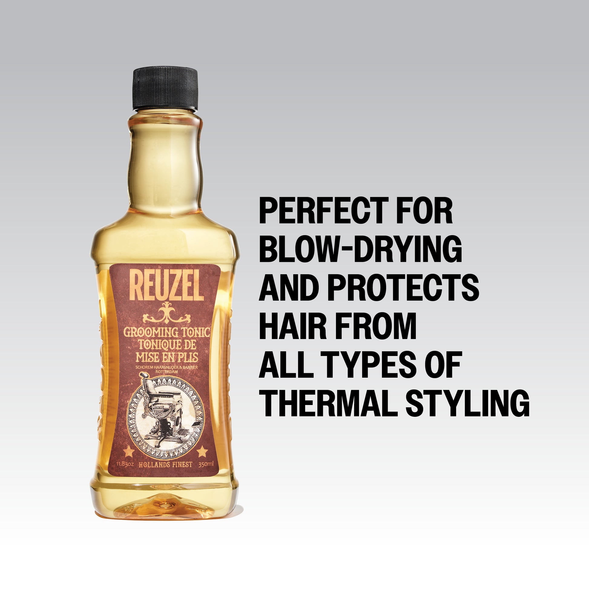 Reuzel grooming tonic bottle with features and benefits on a gray background
