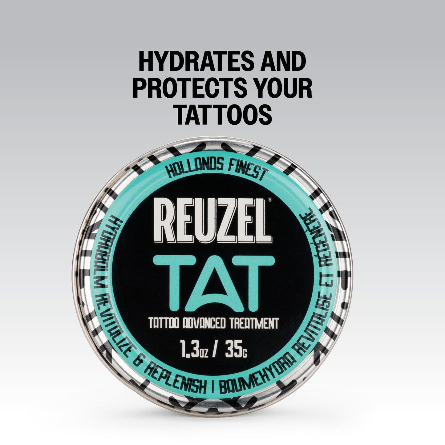 Reuzel Tat tattoo advanced treatment HYDRABALM container with text on a gray background