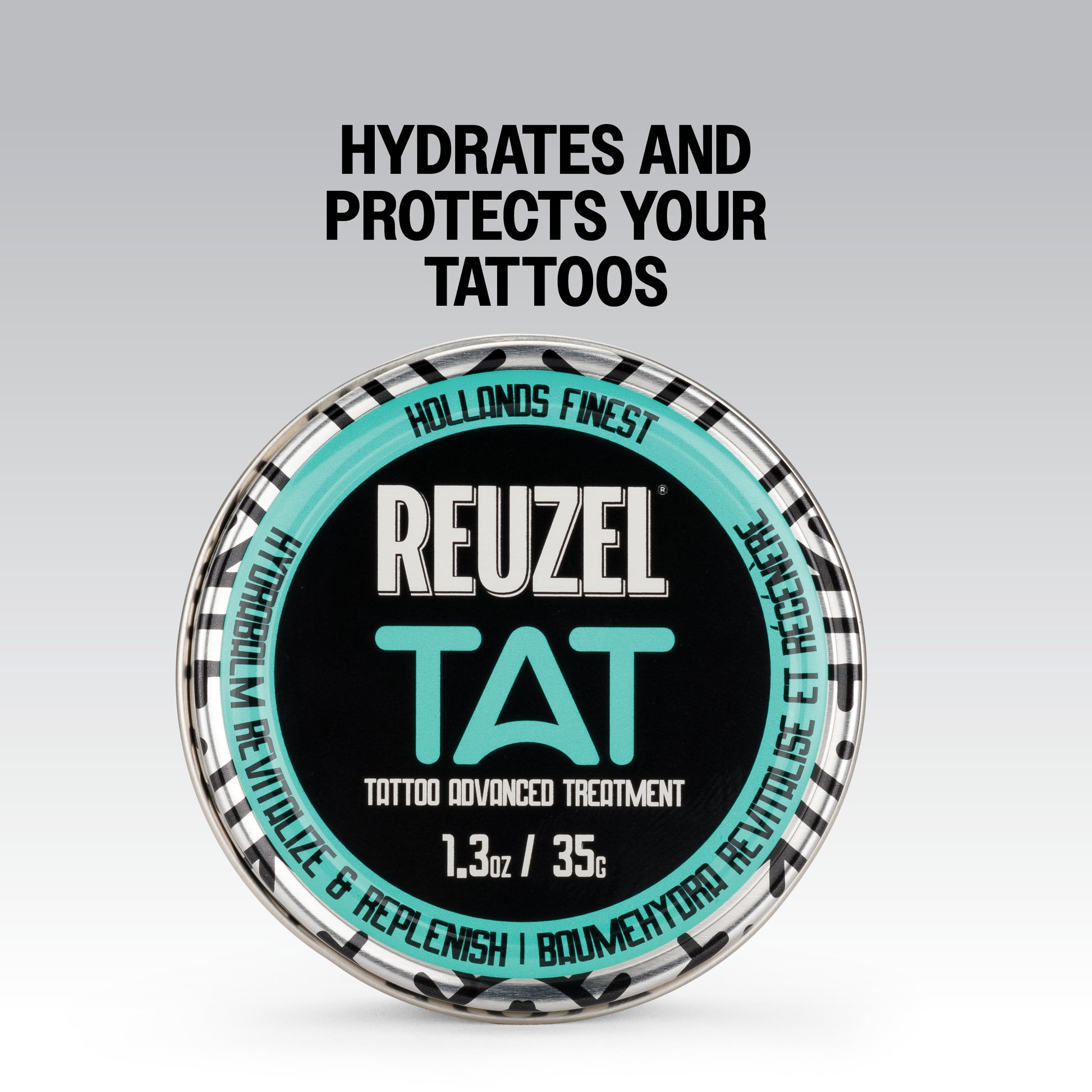 Reuzel Tat tattoo advanced treatment HYDRABALM container with text on a gray background